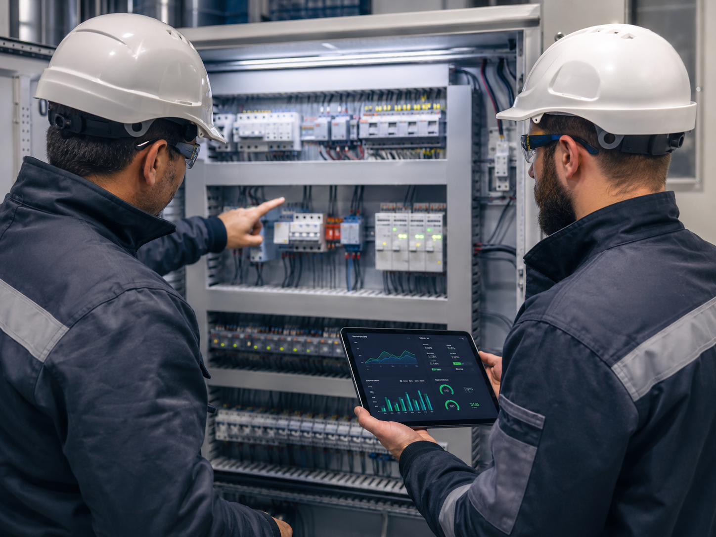 un tablero eléctrico o sala técnica, revisando gráficos